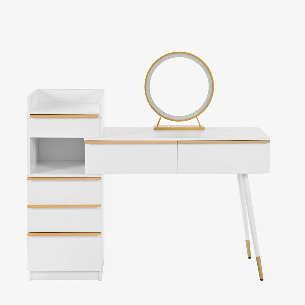 Toeletta con piano estraibile, 6 cassetti, specchio LED dimmerabile e finitura bianca