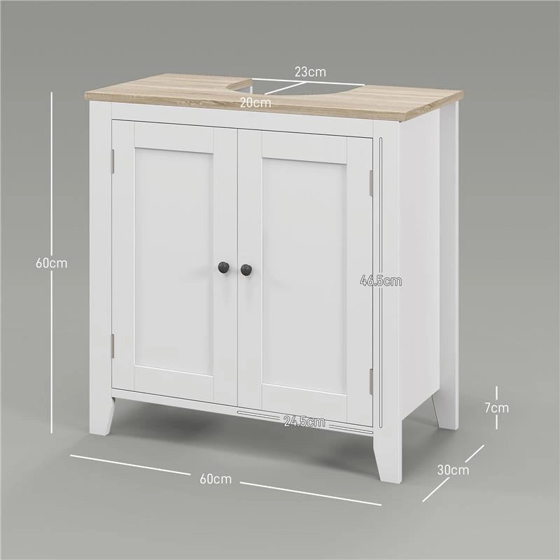 MOBILE SOTTOLAVABO BAGNO A U CON RIPIANO REGOLABILE INTERNO, IN MDF, 60X30X60 CM, BIANCO E COLOR LEGNO