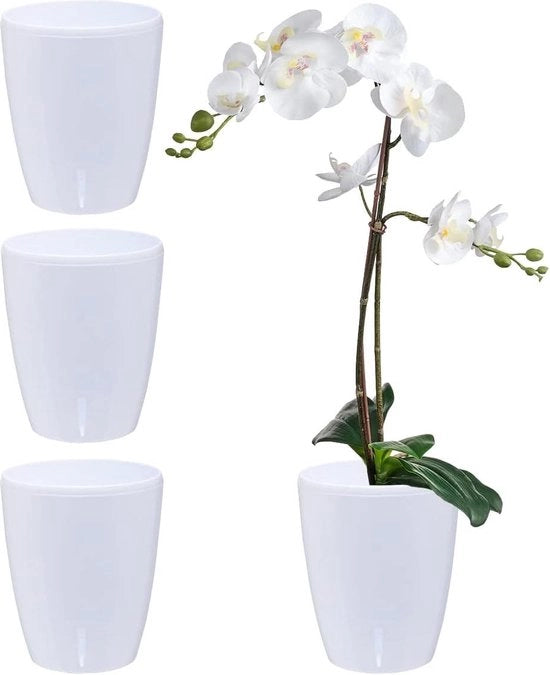 Set di vasi per orchidee di 4 pezzi - diametro 12 cm - vaso autosostentante - sistema di evaporazione - indicatore del livello dell'acqua - bianco - 13 litri - per uso interno