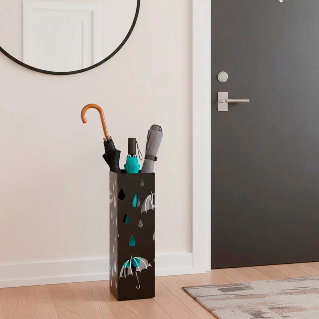 Portaombrelli In Acciaio Zincato Con 2 Ganci Removibili E Vaschetta Scolapioggia Base Antiscivolo Design Moderno Per Ingresso Casa E Ufficio 49 X 15.5 X 15.5 Cm Nero