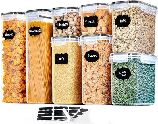 Set di 8 pezzi di contenitori di plastica a prova d'aria per la cucina con coperchi per conservare pasta, muesli, riso, farina e alimenti per gli animali da compagnia