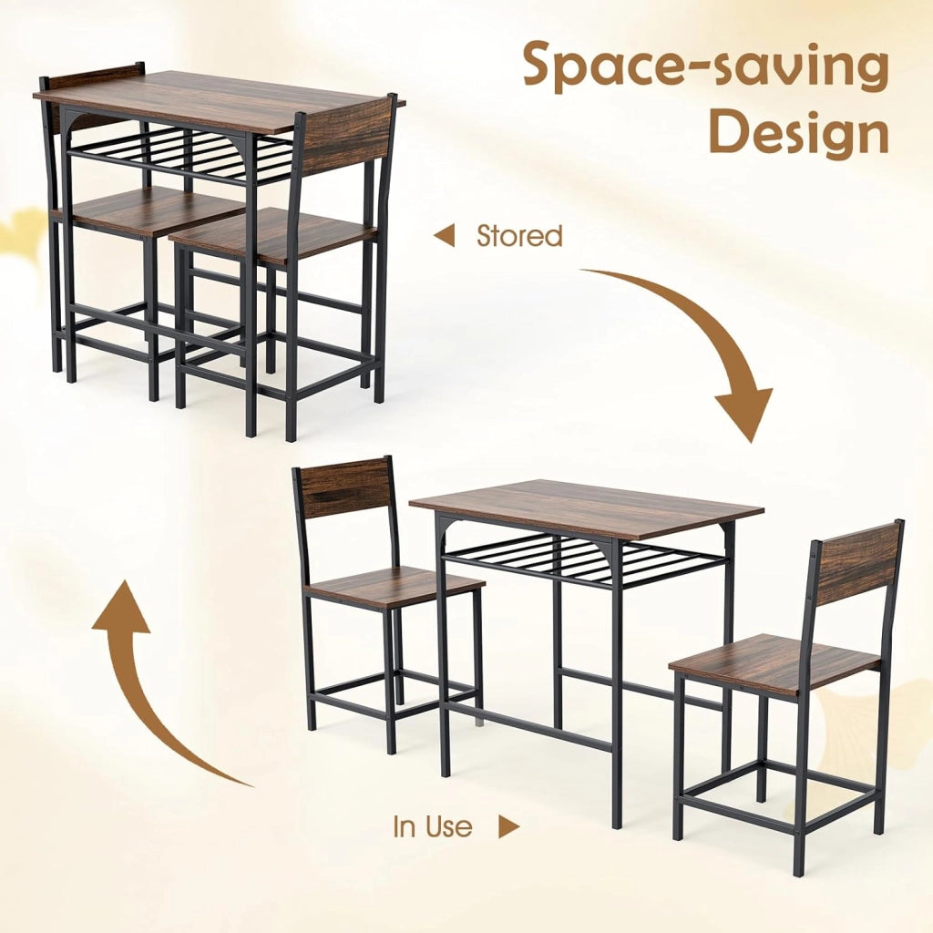 Set da pranzo 3 pezzi, tavolo da pranzo con ripiano per bottiglie e 2 sedie con schienale, design compatto, stile industriale, tavolo da colazione per 2 persone (marrone)