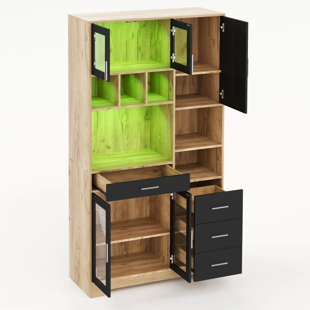 Credenza Vetrina da Cucina con Ripiani Regolabili e LED ¨C MINIMAL ¨C 185x100x40 cm
