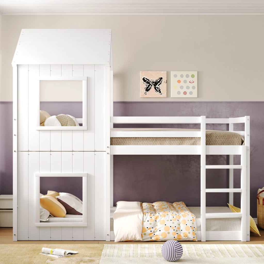 Letto a soppalco per bambini - Zephmum - 90x200 cm - Bianco - Solido, con scala e baldacchino
