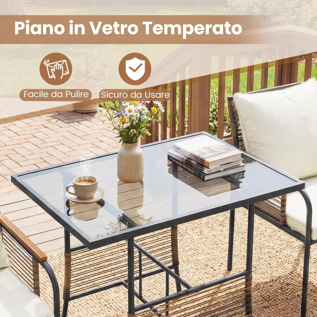 Set Salottino da Giardino in Vimini, Set di Mobili da 3 Pezzi per Esterno Salvaspazio con Cuscini, Tavolo Rettangolare e Sedie in Rattan per Balcone, Veranda, Giardino e Cortile (Beige)