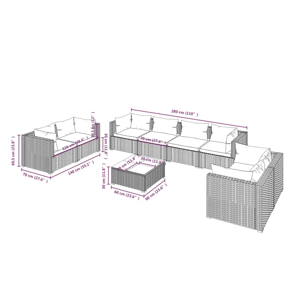 Set di mobili da giardino 9 pz con cuscini in polyrattan marrone 02_0018123