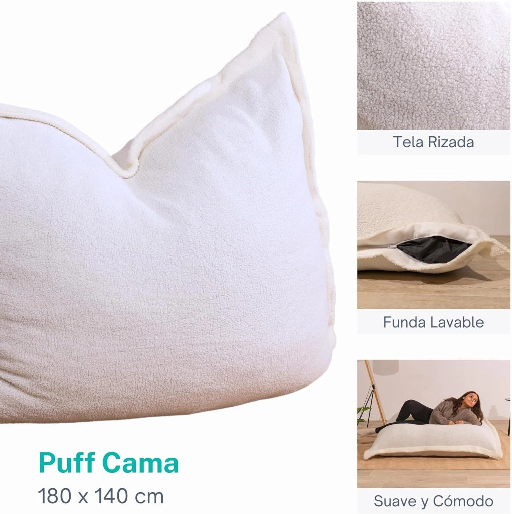 Pouf Poltrona a Sacco - Imbottitura in Schiuma, Molto Confortevole - Tessuto Sherpa Morbido - Fodera Lavabile - Pouf Divano Gigante (180 x 140 cm, Bianco)