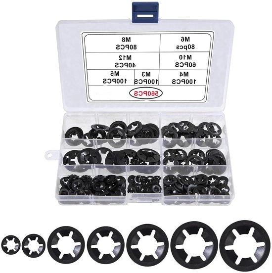Kit di 560 pezzi di anelli di serraggio Starlock in nero con anello a dente interno M3 M4 M5 M6 M8 M10 M12 assortimento