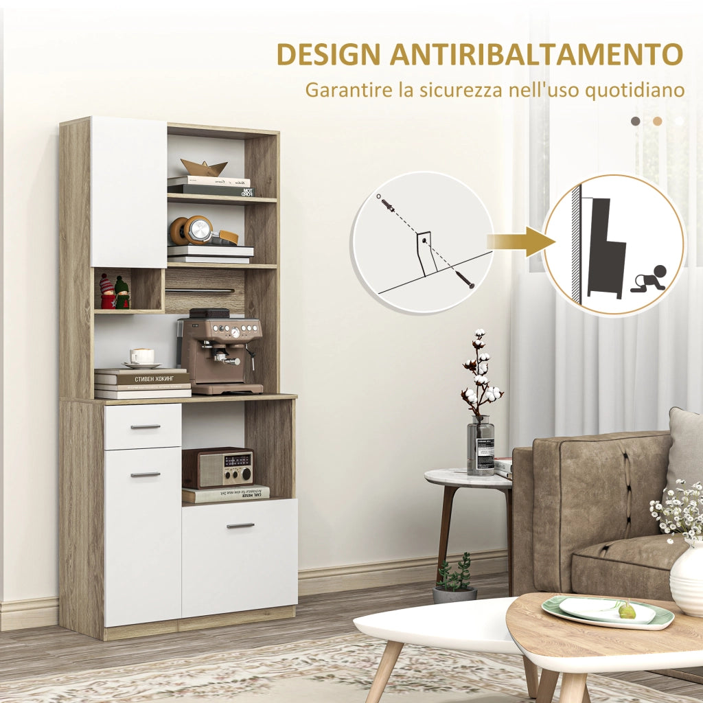 Mobile Dispensa in Legno con Cassetto. 3 Armadietti e 4 Ripiani Aperti. 80x35x180 cm. Bianco