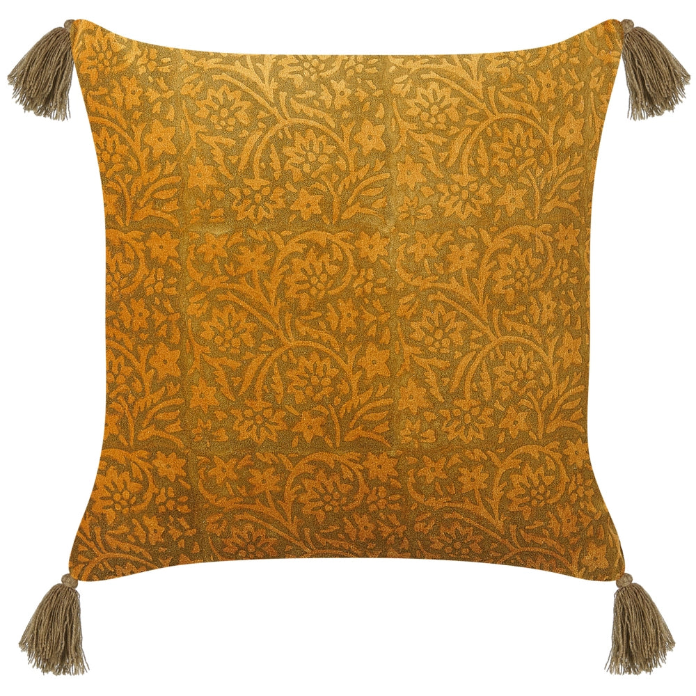 Set di 2 cuscini decorativi velluto giallo 45 x 45 cm motivo floreale nappe blocco stampa boho decor accessori