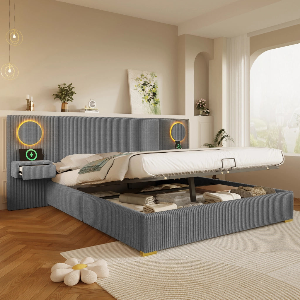 Letto Contenitore 180x200 cm con USB; LED e sollevamento idraulico; in Velluto; Grigio