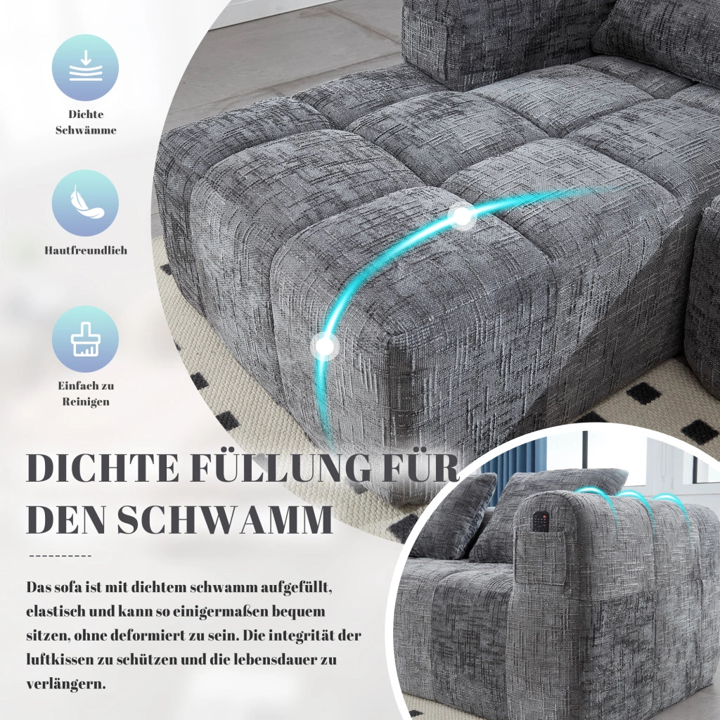 OKWISH Divano Angolare 3 Posti Modulare, con Chaise Longue, Tasche Laterali e 3 Cuscini, Ciniglia, Grigio
