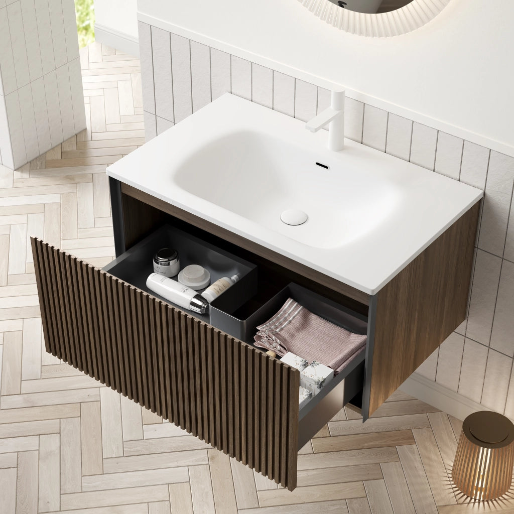 Mobile bagno sospeso con lavabo integrato e cassetto con chiusura ammortizzata; rovere marrone; 80×46×41.8 cm