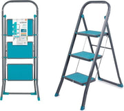 Scala a 3 livelli con tacchi antiscivolo - durata e stabilità - per interni ed esterni - altezza di circa 25 metri - clip di sicurezza - pieghevole - blu/turchese e grigio Scala