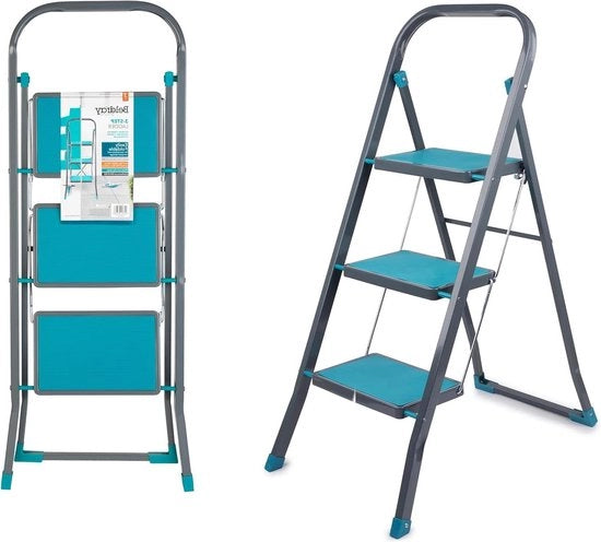 Scala a 3 livelli con tacchi antiscivolo - durata e stabilità - per interni ed esterni - altezza di circa 25 metri - clip di sicurezza - pieghevole - blu/turchese e grigio Scala