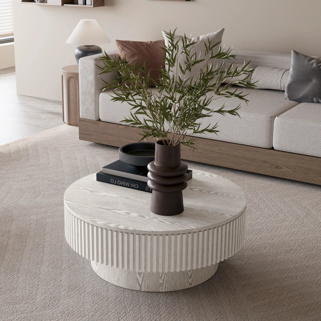 Tavolino basso rotondo con contenitore nascosto e design scanalato, per soggiorno e camera da letto, bianco vintage
