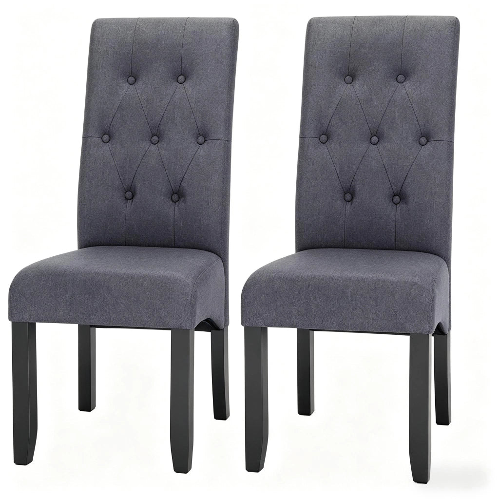 Set di 2 sedie da pranzo imbottite in lino grigio scuro con schienale alto e gambe in legno massello