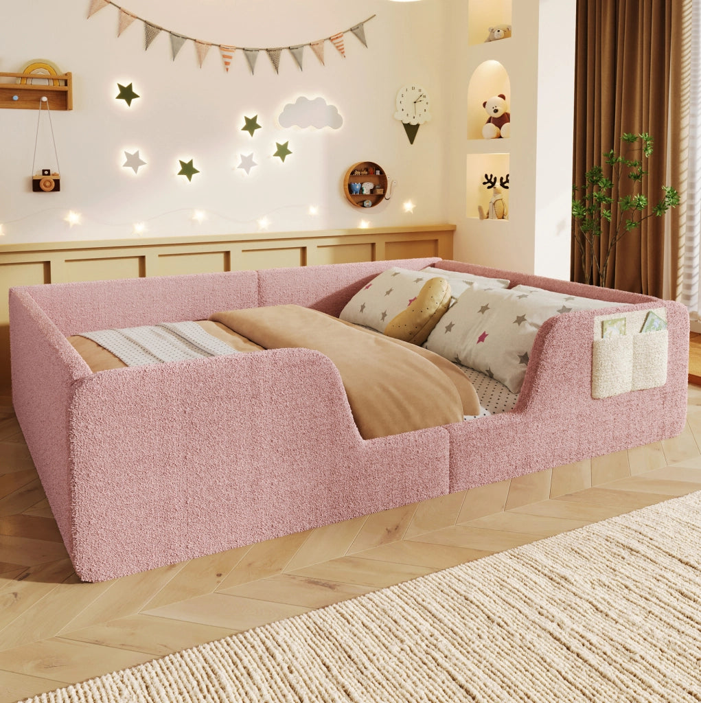 Letto imbottito 140x190 cm con sponde rimovibili e tasca laterale in velluto rosa