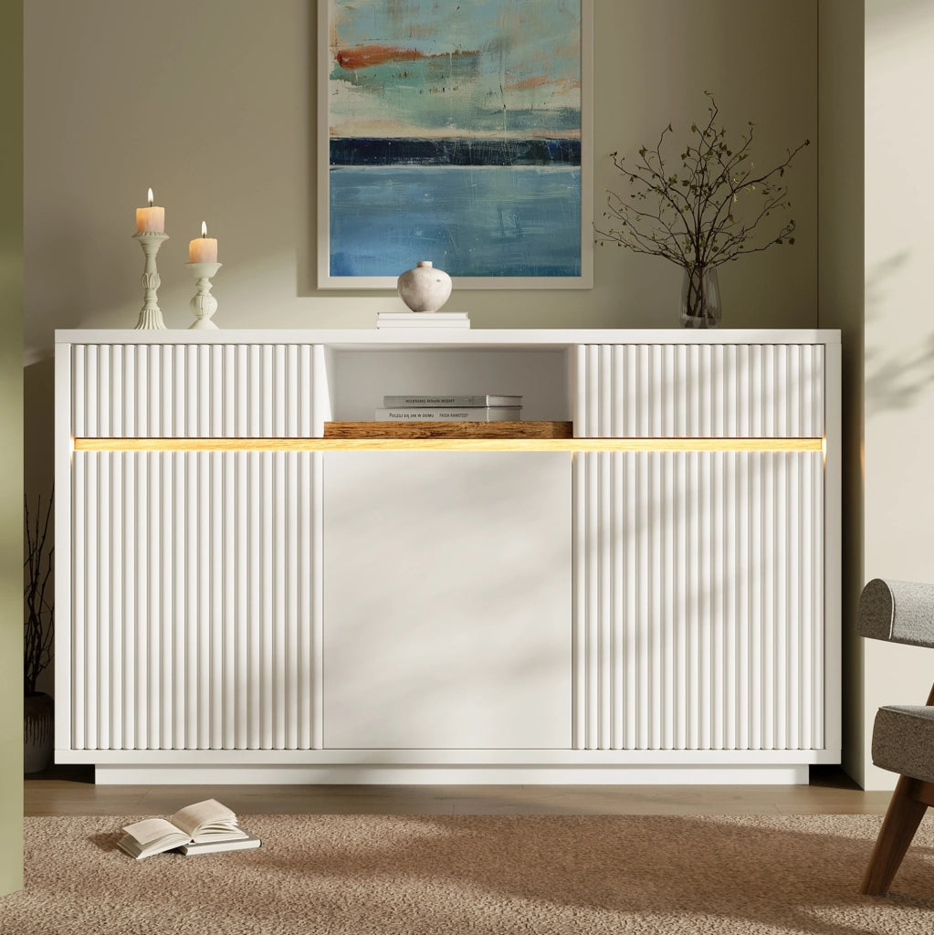 Credenza bianca con illuminazione LED, cassetti e ante regolabili per organizzare gli ambienti