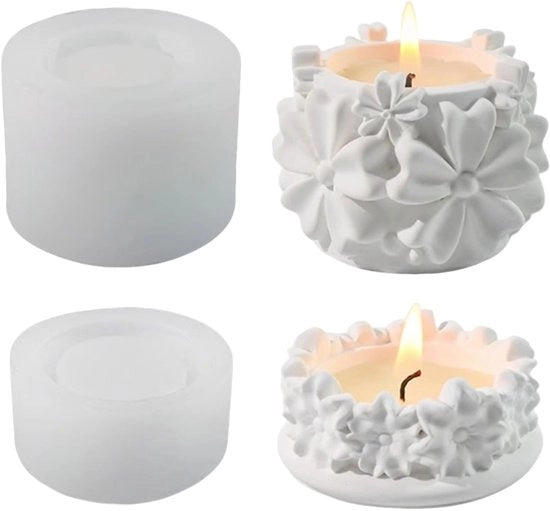 Due pezzi di stampo in silicone per candelabro cilindrico - disegno fiorale - resistente e flessibile - riutilizzabile