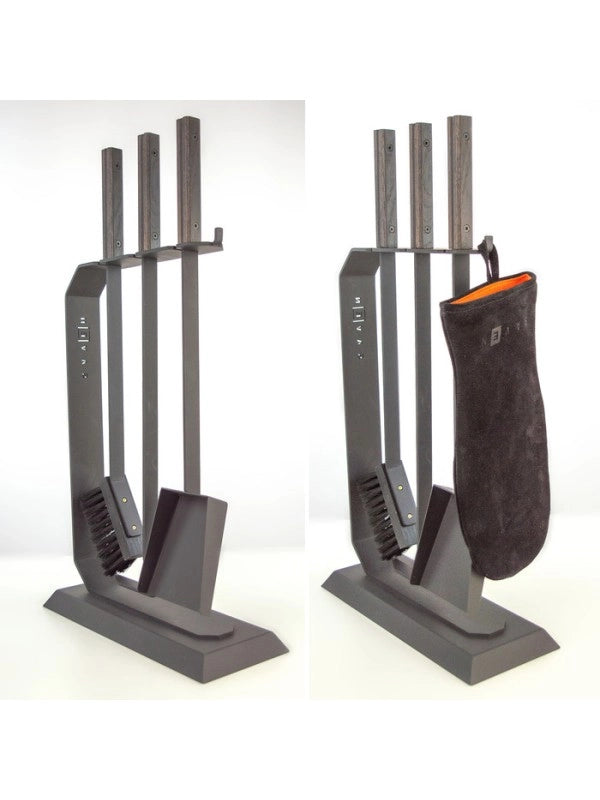 Set attrezzi per camino 3 pezzi in acciaio e legno Nero - Set 6 L