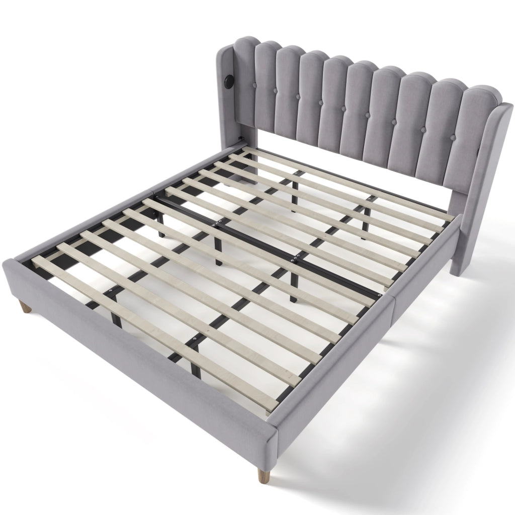 Letto matrimoniale imbottito 180x200 cm con ricarica USB e Tipo C, struttura in lino grigio, rete a doghe