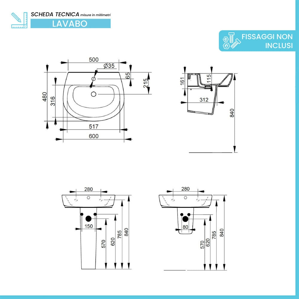 Lavabo sospeso 60 cm bianco lucido Demy Dolomite