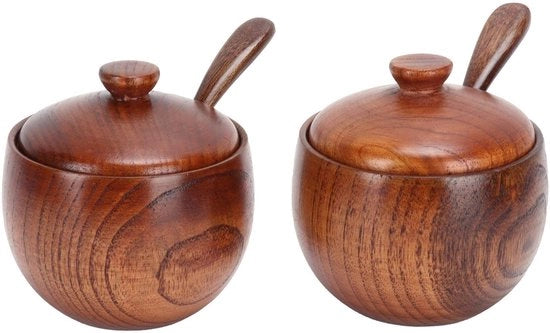 Set di Deposito per Sale in Legno - Contenitore di Deposito Naturale in Legno per Erbe - Cassetto di Sale con Coperchio e Cucchiaio - Deposito Sferico per Sale Pepe Zucchero Polvere di Peperoncino Cassetto di Sale