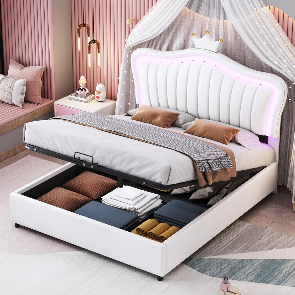 Letto imbottito per bambini con testiera a corona e LED, 140x200 cm, bianco PU