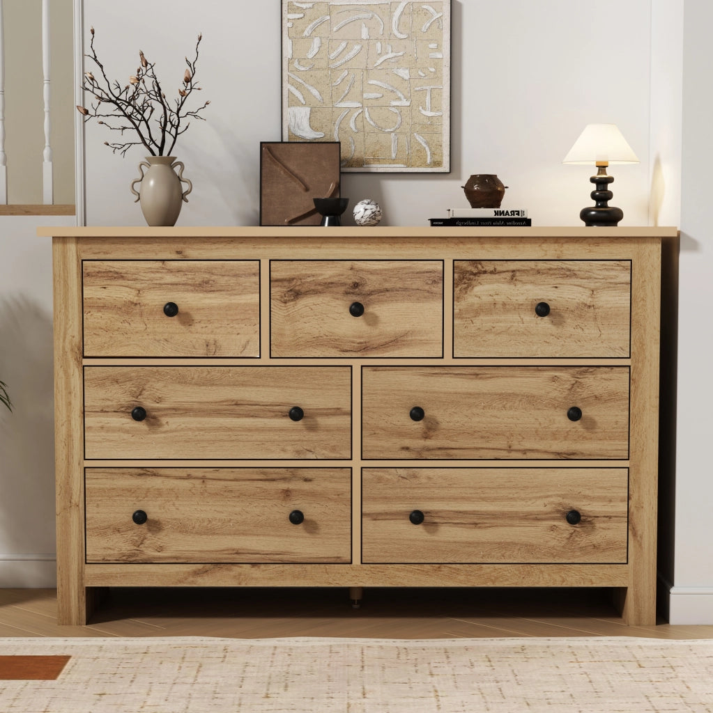 Credenza 152x40x88.5 cm con 7 cassetti e guide scorrevoli; truciolare; naturale