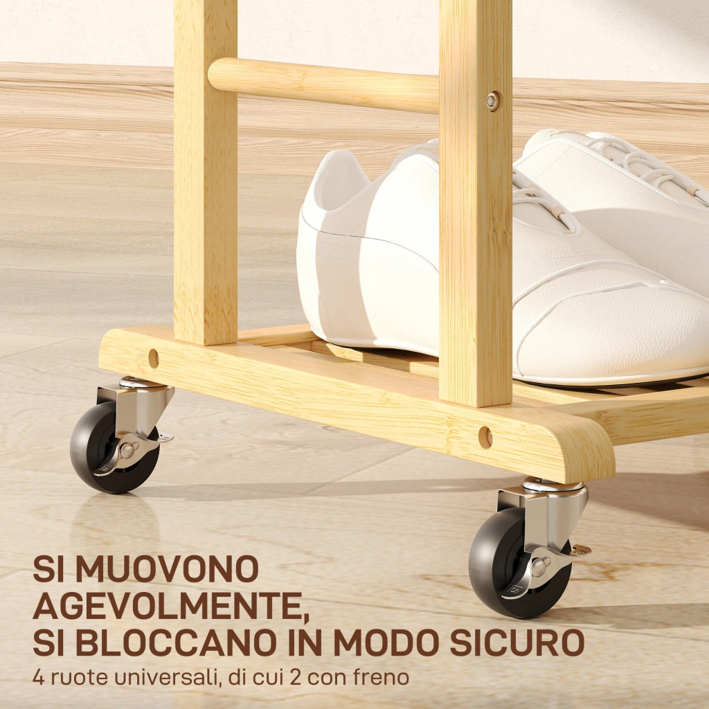 Indossatore Servomuto 4 in 1 a Rotelle 47x33,7x105,5 cm con 2 Aste Vassoio Svuota Tasche e Ripiano per Scarpe in Bambù