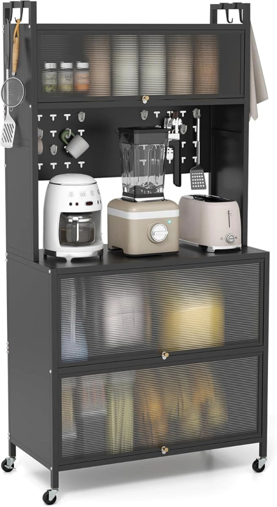Credenza Alta per Cucina con 5 Ripiani e 3 Ante a Ribalta Traslucide, Mobile Cucina con Ruote e Panello a Ganci, Armadio Cucina Porta Microonde (80 x 40 x 160 cm,Nero)