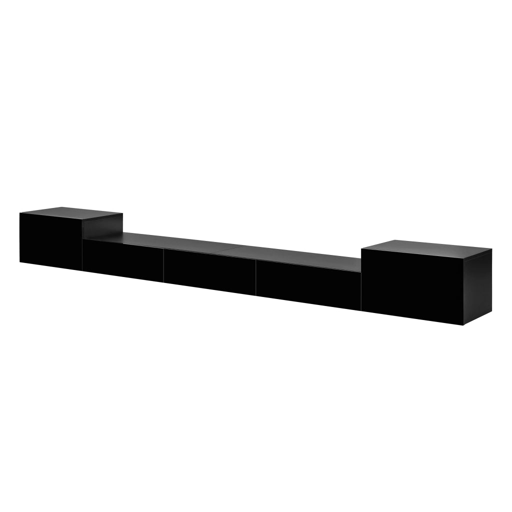 Mobile TV sospeso con 2 ante e 3 ribalte, LED multicolore e passacavi, finitura lucida, nero, 245 × 30 × 26 cm