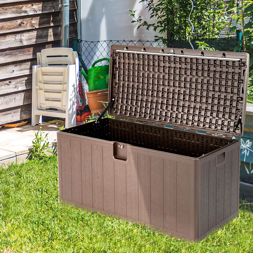 Baule da Giardino 400L, Panca Contenitore in Plastica con Coperchio e Maniglia, per Interni e Esterni, 127,5 x 64 x 64cm (Modello 2)