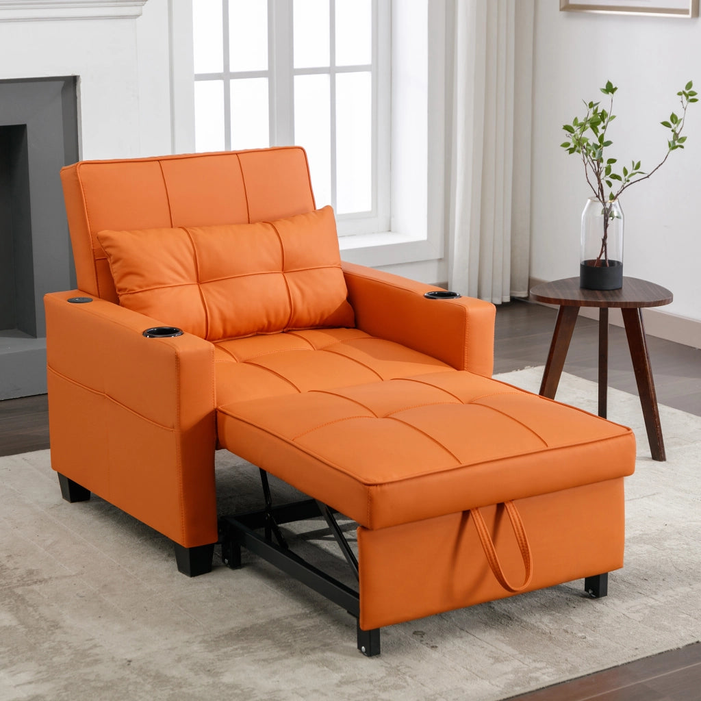 Poltrona letto 3 in 1 estraibile con schienale regolabile porta bevande e tasca in pu arancione 74 × 87 × 84 cm