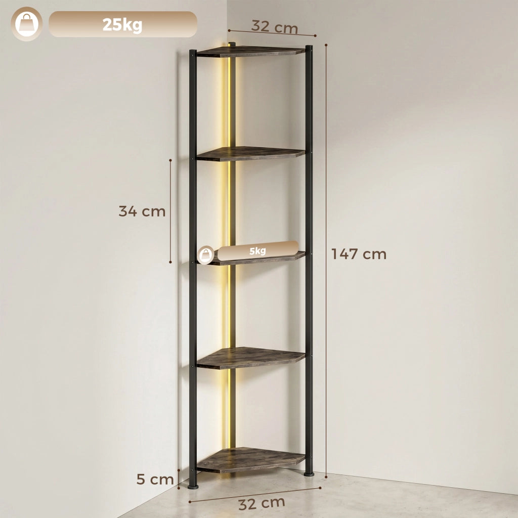 Libreria angolare 5 livelli con LED ¨C zephmum ¨C Rustico Marrone 100x30x200