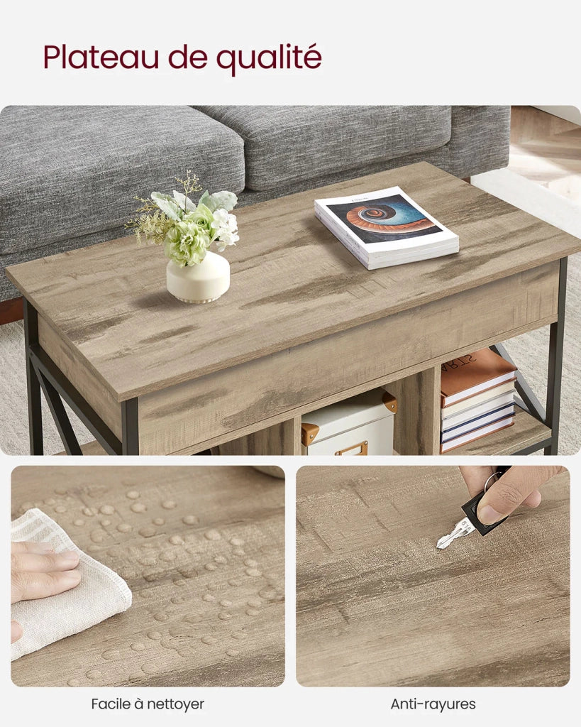 Tavolino da caffè con piano sollevabile vano portaoggetti nascosto e scomparti aperti struttura in acciaio 50 x 100 x 62 cm marrone 12_0007492