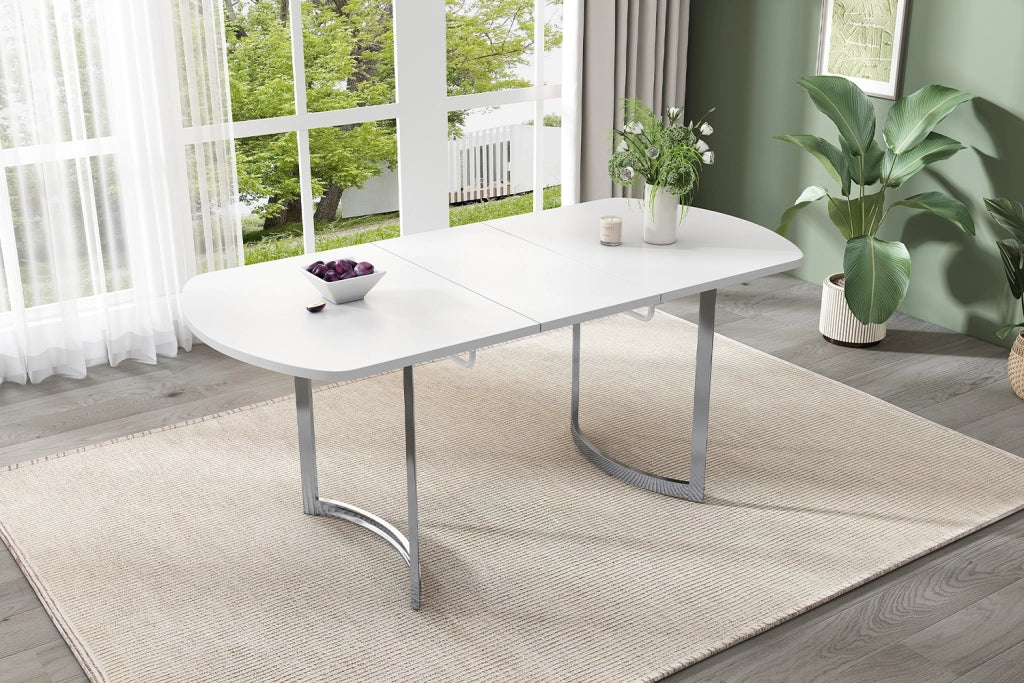 Tavolo da pranzo allungabile 140/180 x 80 cm, design moderno, piano bianco in MDF, gambe effetto argentato, portata massima 60 kg