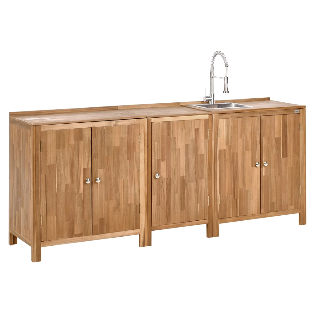 Set di armadietti da cucina per esterni con lavello e rubinetto Marrone e argento in legno di acacia Unità di scaffali in acciaio inox