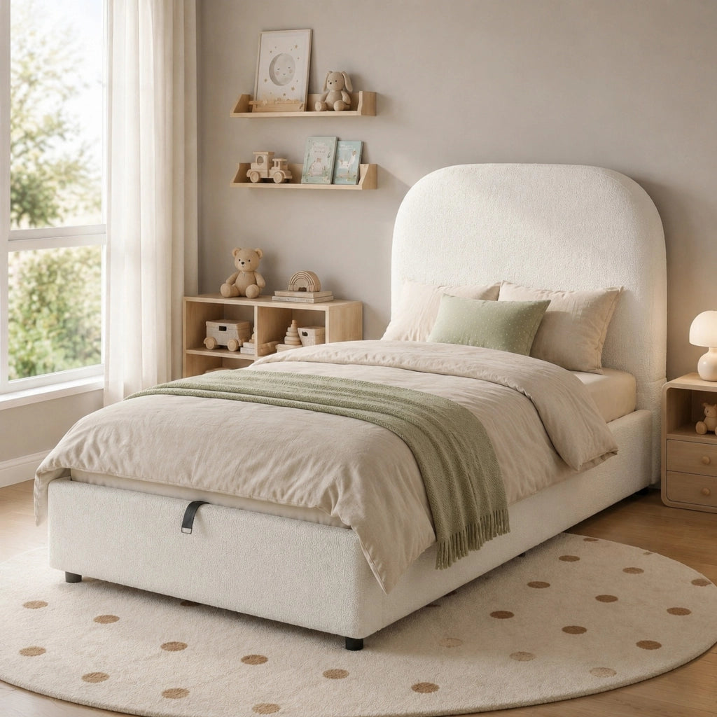 Letto imbottito per bambini con contenitore idraulico; rete a doghe; bouclé beige