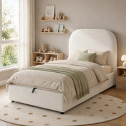Letto imbottito per bambini con contenitore idraulico; rete a doghe; bouclé beige