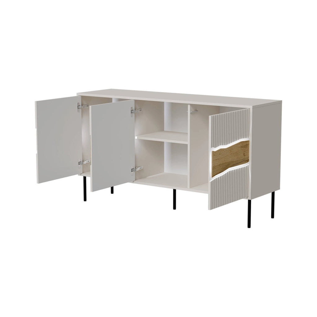 Credenza Saliceto, Madia da salotto con tre ante battenti e vani interni, Rialzata da terra, 144x40 h80 cm, Beige e Rovere Nodi