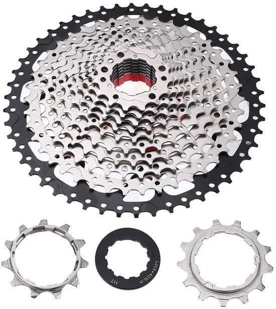 Cassetta Vrijloop 12S 11-50T - Acciaio Cromo-Molibdeno - Cambio Rapido e Liscio - Accessori Ciclicoli - Peso Leggero 607g - Disegno in Legno - Ciclo Vrijloop