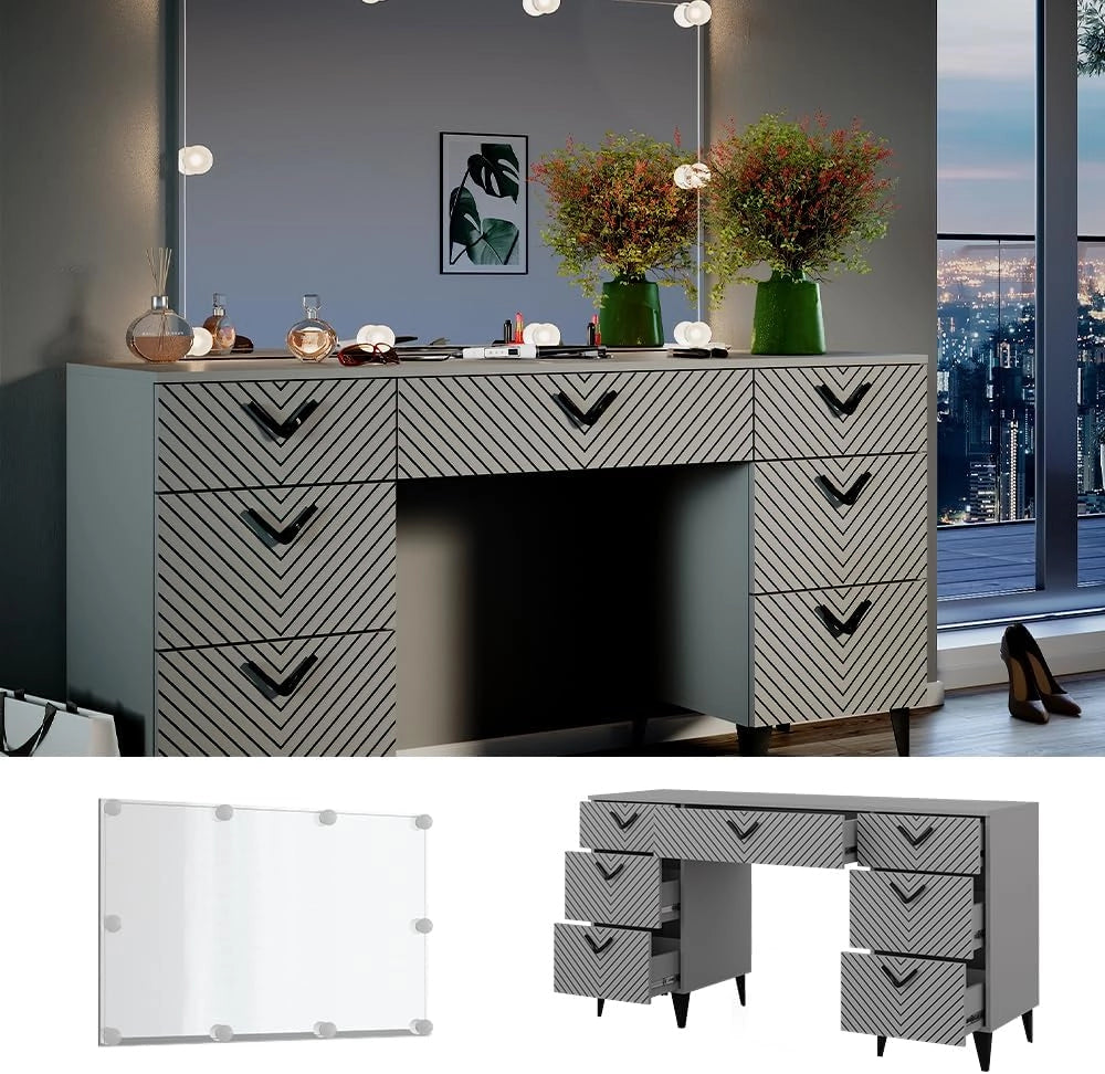 Tavolo da toeletta Anett, Grigio, 150 cm con illuminazione a LED, Cassetti per organizzare nel disordine