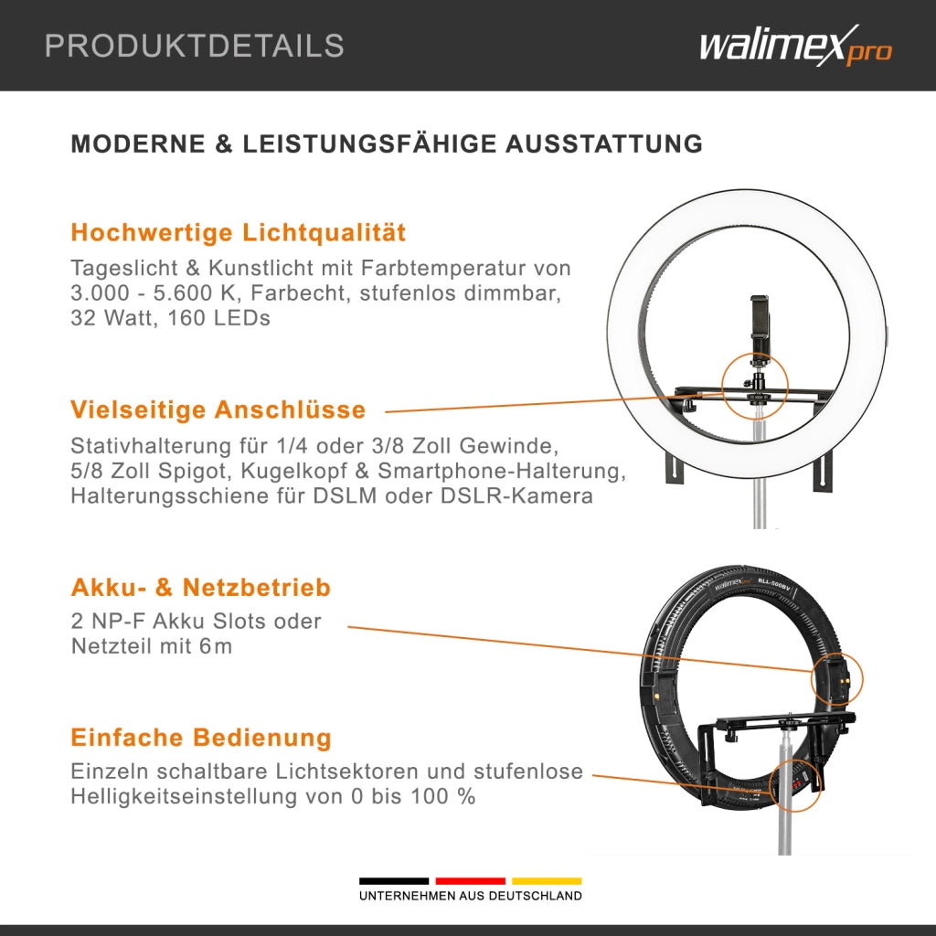 Ring light a LED 500 Bi-Color dimmerabile, Luce ad anello da 32W per foto e video con settori commutabili e accessori