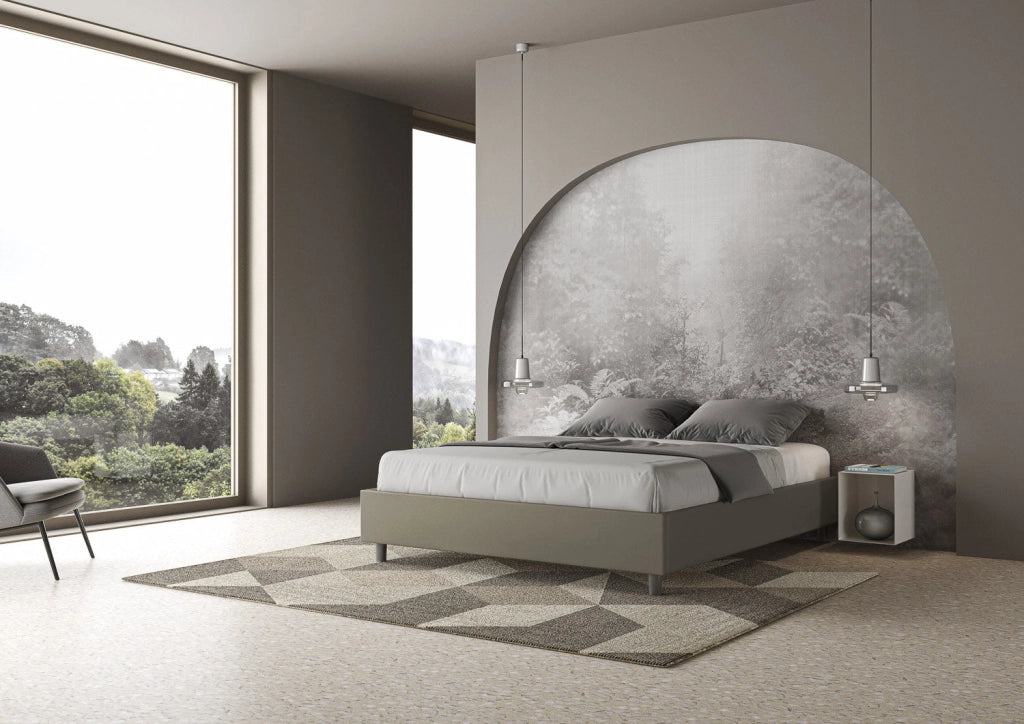 Letto matrimoniale francese con rete imbottito 140x210 similpelle cappuccino Azelia