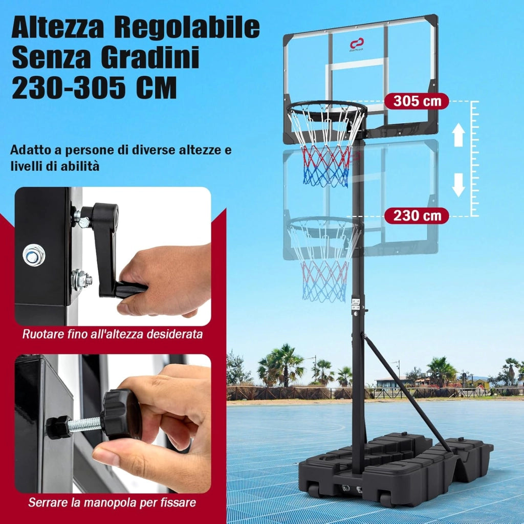 Canestro da Basket da Esterno ed Interno, Canestro da Basket Professionale e Pieghevole con Altezza Regolabile 230-305 cm, Tabellone in PC Infrangibile e Base Mobile con Ruote e Riempibile