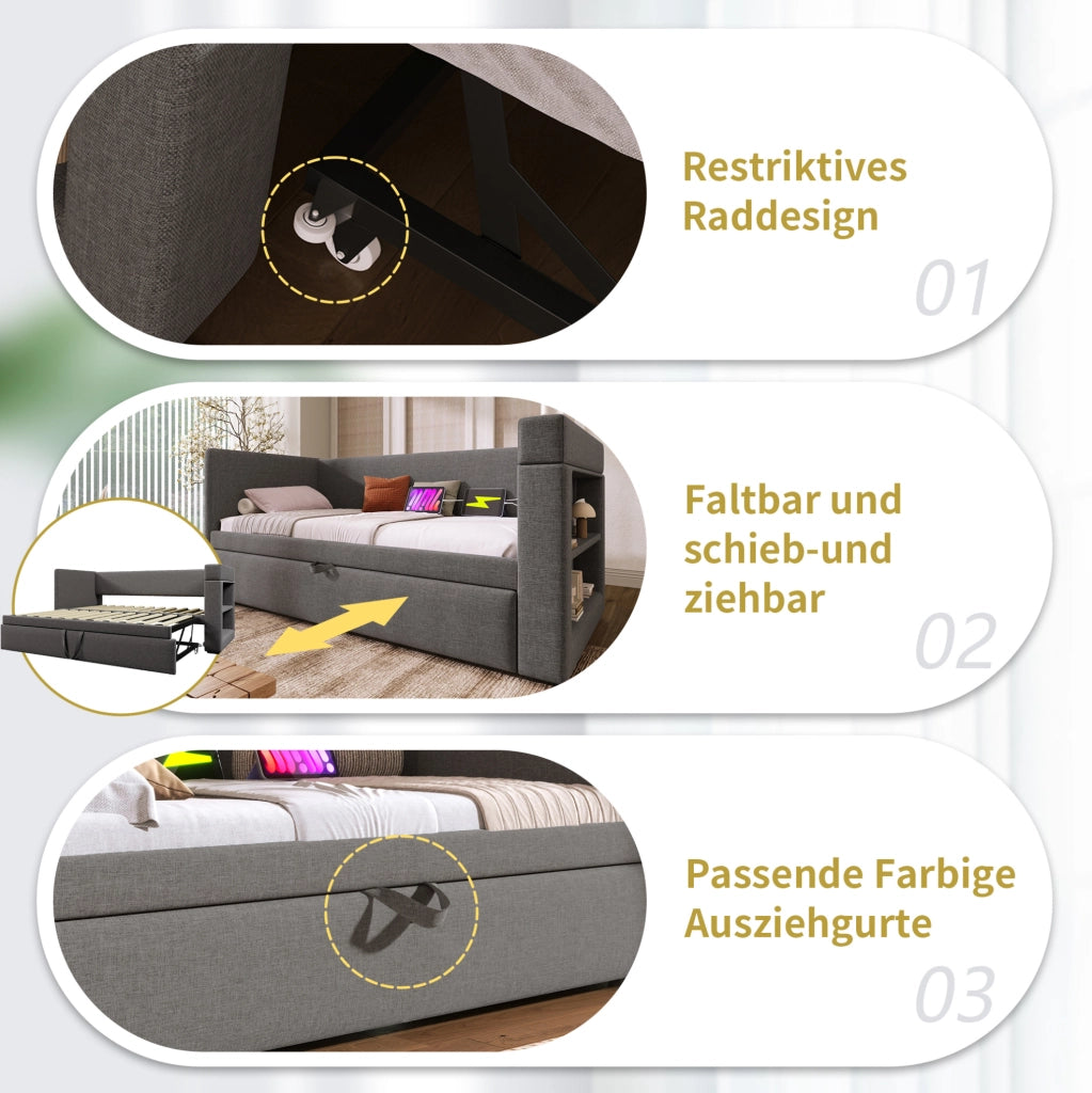 Daybed estraibile 90x200 cm grigio con USB-C e portabicchieri
