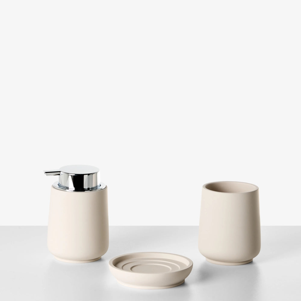 Set di 4 accessori da bagno portasapone dispenser per sapone scopino per WC e bicchiere in poliresina beige
