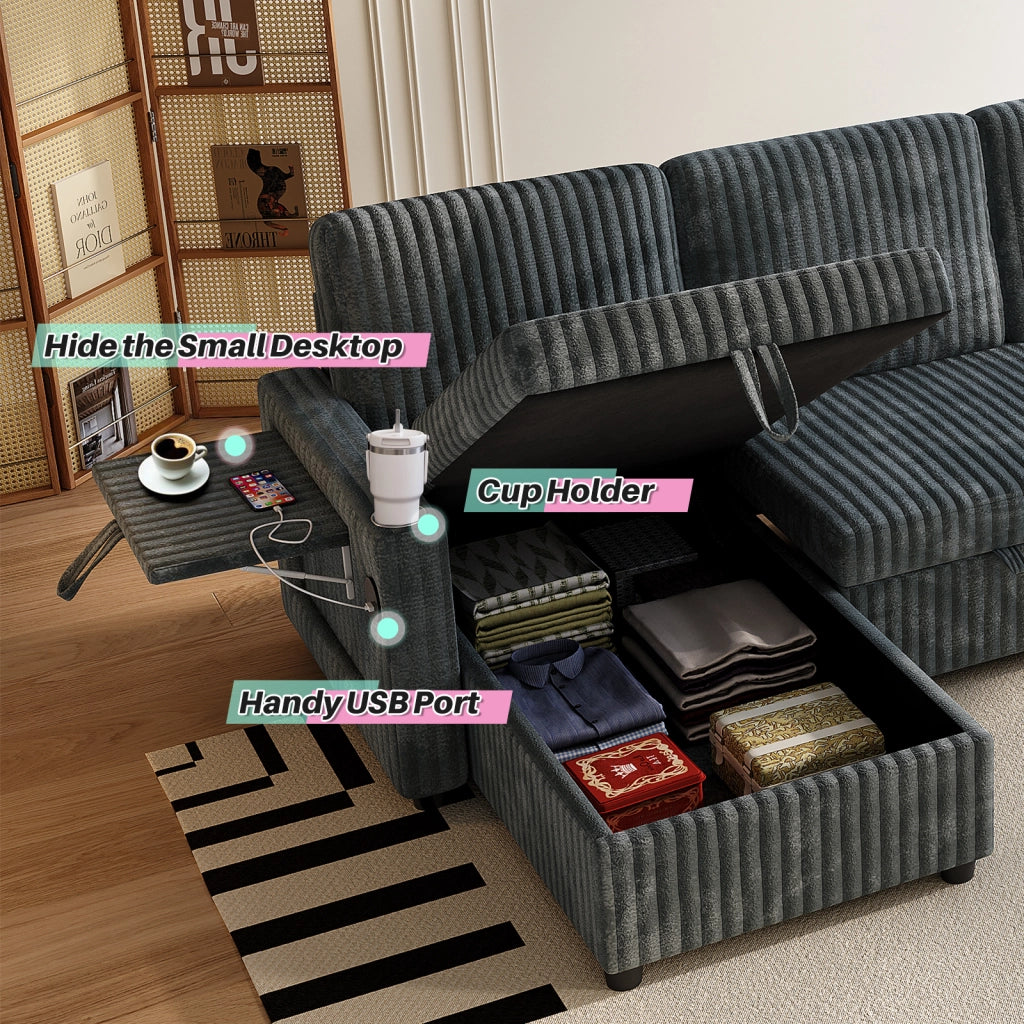 Divano panoramico a U modulare con funzione letto contenitore USB e braccioli regolabili in velluto a coste grigio